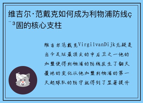 维吉尔·范戴克如何成为利物浦防线稳固的核心支柱